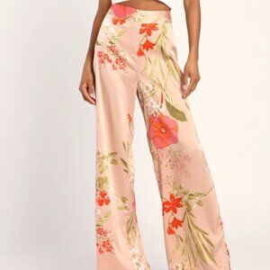 Lulus Light Pink Floral Print Satin Wide-Leg Pant size Large